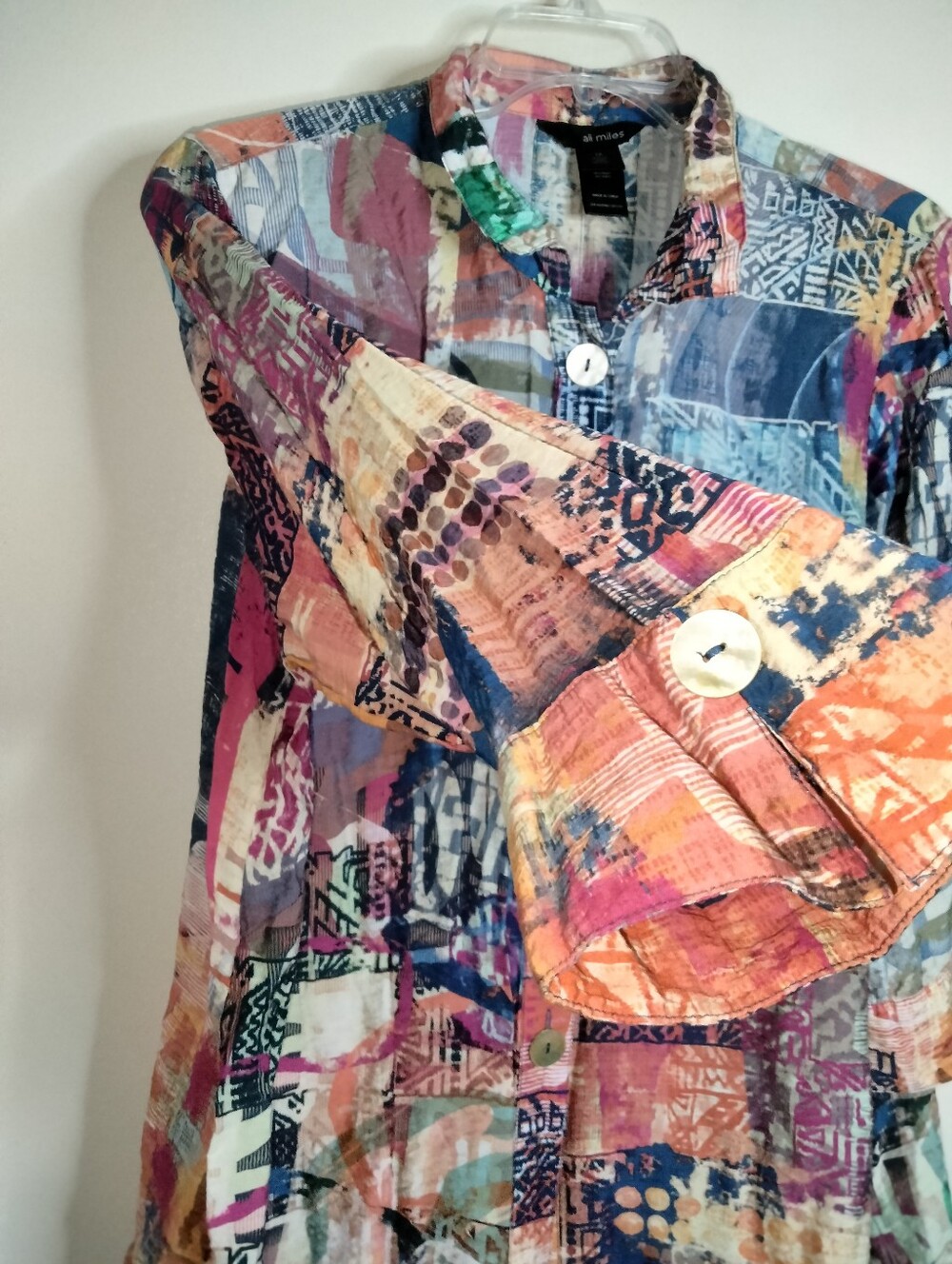 Ali Miles (Size 1X) Multicolored Patchwork Rayon 3/4 Sleeves Button-Down Shirt - Picture 7 of 12
